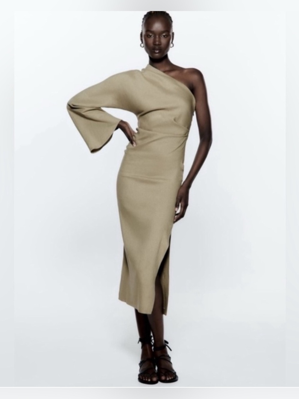 Zara Elegant Linen Blend One-Shoulder Olive Midi Dress